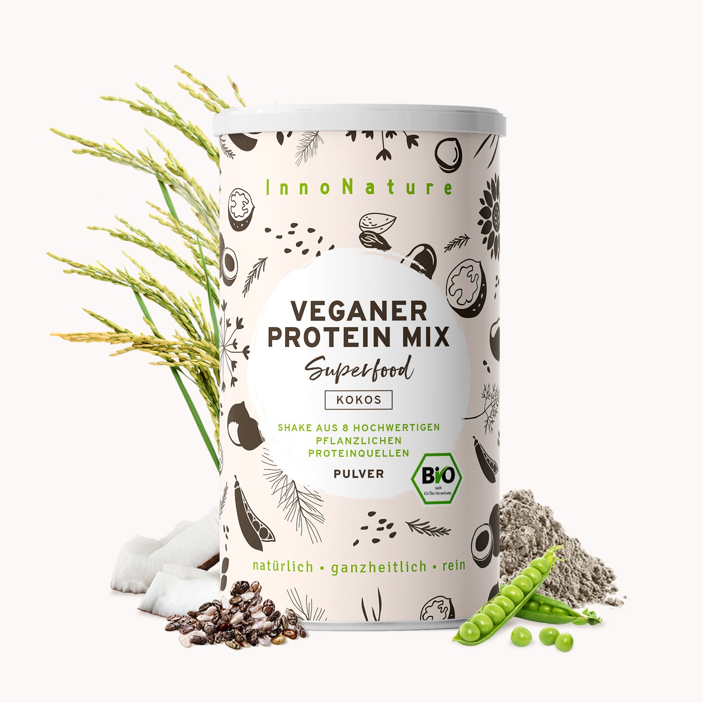 Bio Veganer Protein Mix Superfood Shake: Erbse, Reis, Kürbis, Mandel, Chiasamen