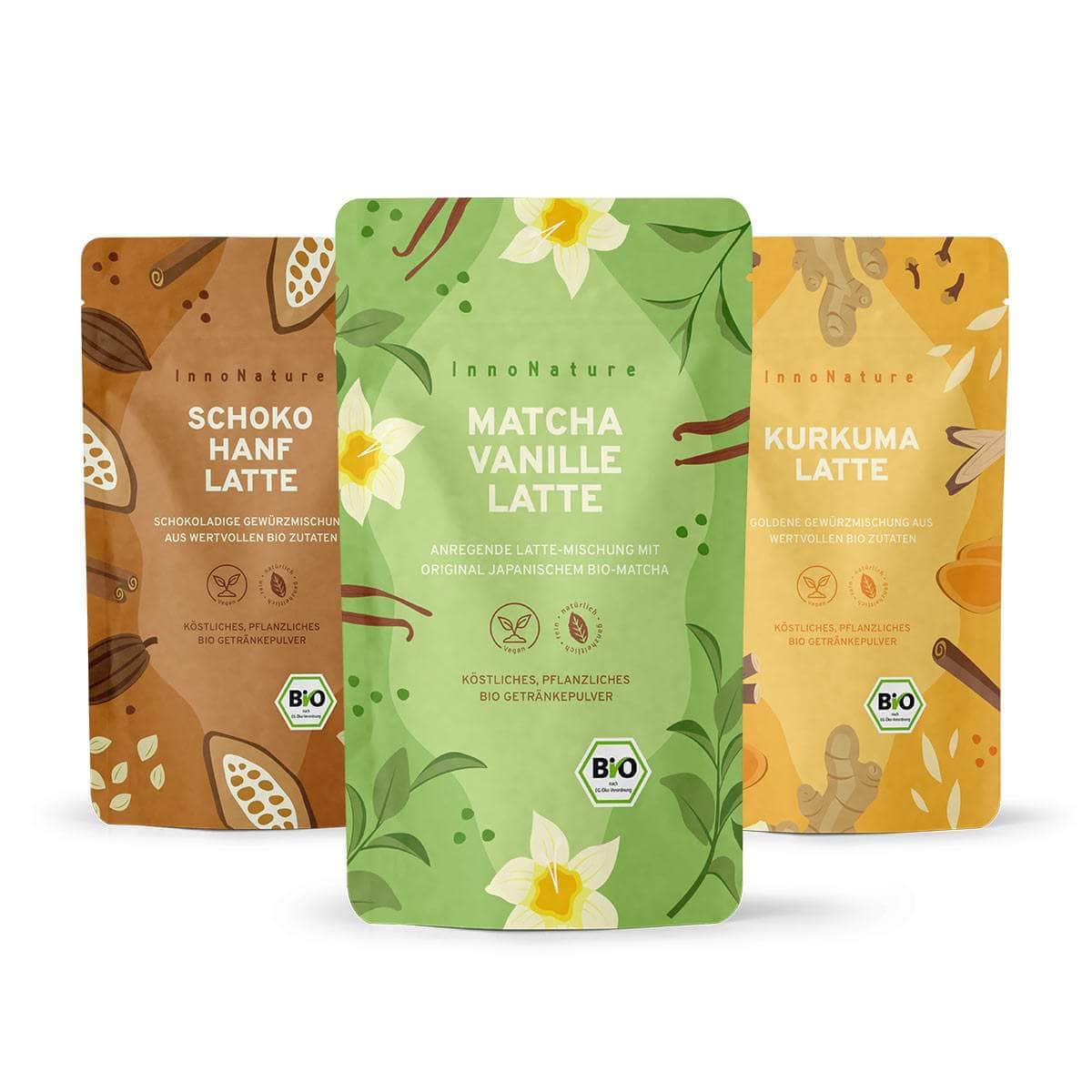 InnoNature Pakete 1x Bio Kurkuma Latte, 1x Bio Matcha Vanille Latte, 1x Bio Schoko Hanf Latte Latte-Love-Paket