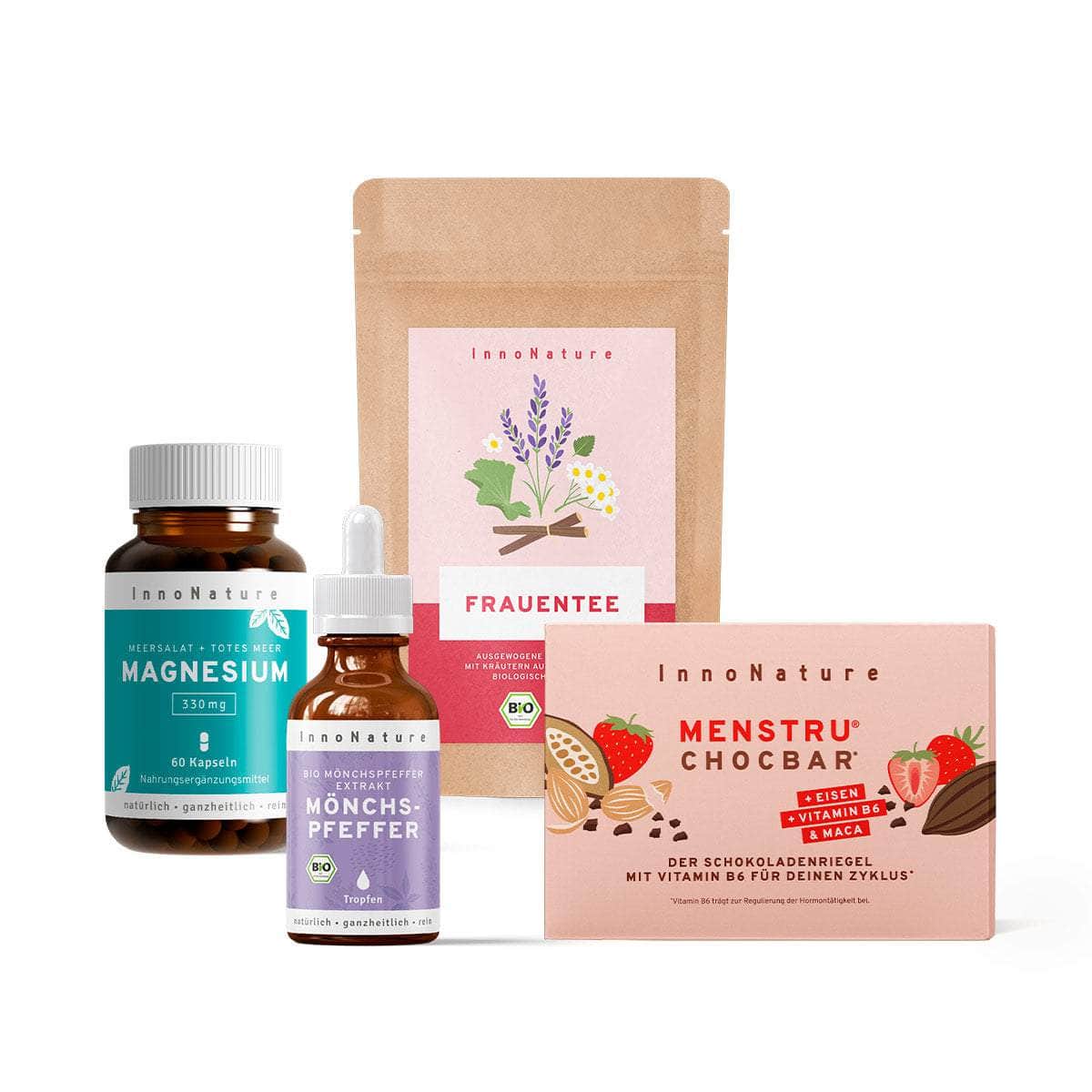 InnoNature Pakete 1x Menstru® Chocbar 6er Box; 1x Frauentee; 1x Magnesium; 1x Mönchspfeffer Wohlfühltage-Paket