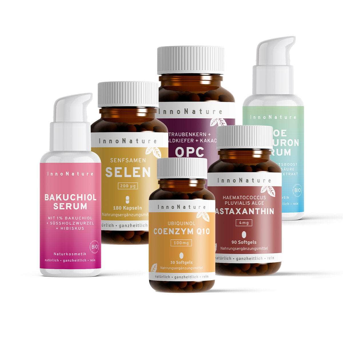 InnoNature Pakete 1x Vorrat (1x Coenzym Q10, 1x Astaxanthin, 1x Selen, 1x OPC, 1x Bakuchiol Serum, 1x Hyaluron Serum) Slow Aging Inside Out Paket