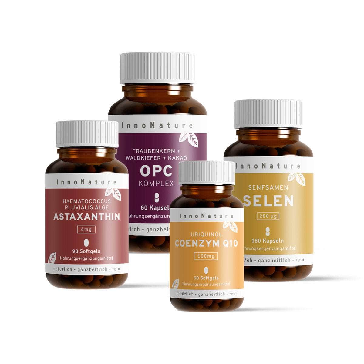 InnoNature Pakete 1x Vorrat (1x Coenzym Q10, 1x Astaxanthin, 1x Selen, 1x OPC) Slow Aging Paket