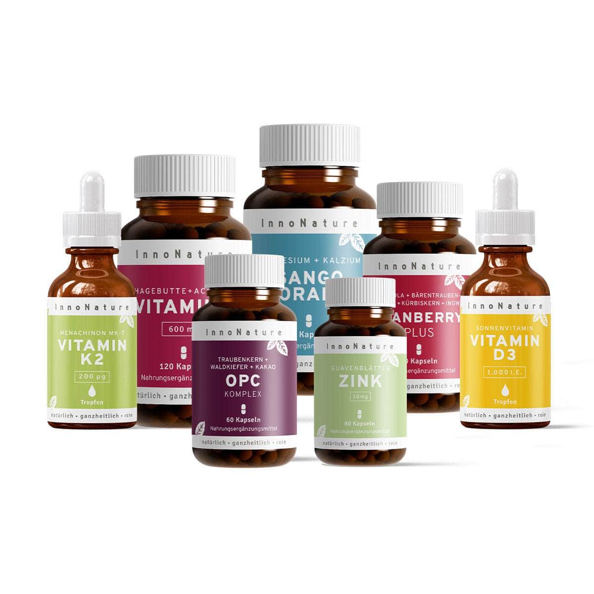 InnoNature Pakete 1x Vorrat (1x Cranberry Plus, 1x Zink, 1x OPC, 1x Vitamin C, 1x Vitamin D3, 1x Vitamin K2, 1x Sango Koralle). Winter-Frauen-Paket