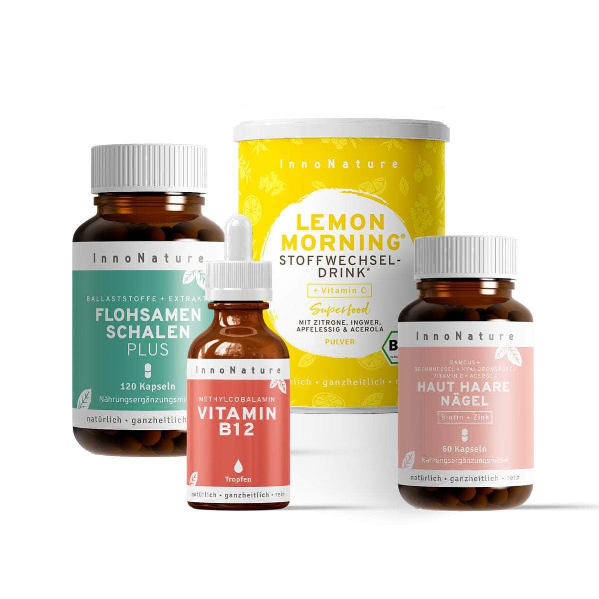 InnoNature Pakete 1x Vorrat (1x Flohsamenschalen Plus Kapseln, 1x Haut-Haare-Nägel Kapseln, 1x Vitamin B12, 1x Lemon Morning) nathaliegleitman-Everyday Favorites-Paket