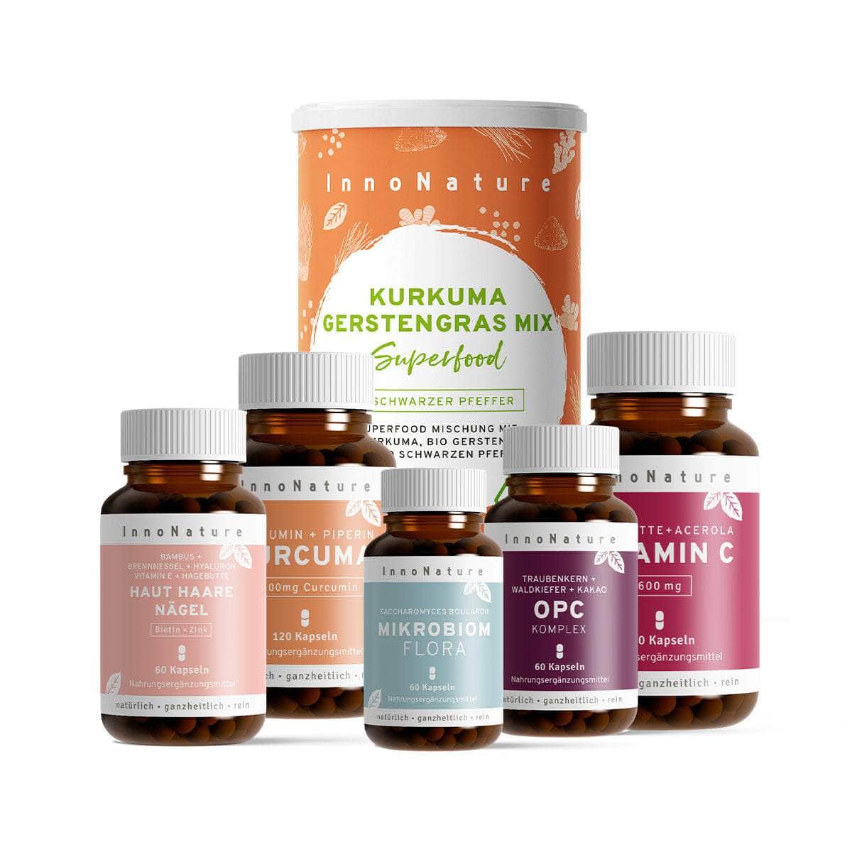 InnoNature Pakete 1x Vorrat (1x Haut Haare Nägel, 1x OPC, 1x Vitamin C, 1x Mikrobiom, 1x Curcuma, 1x Kurkuma Gerstengras) Beauty-Paket
