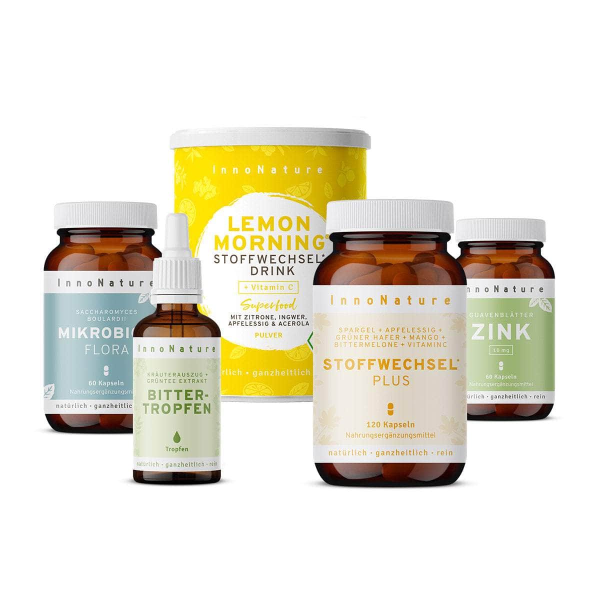 InnoNature Pakete 1x Vorrat (1x Stoffwechsel Plus, 1x Bittertropfen, 1x Zink, 1x Lemon Morning, 1x Mikrobiom Flora) Stoffwechsel-Paket