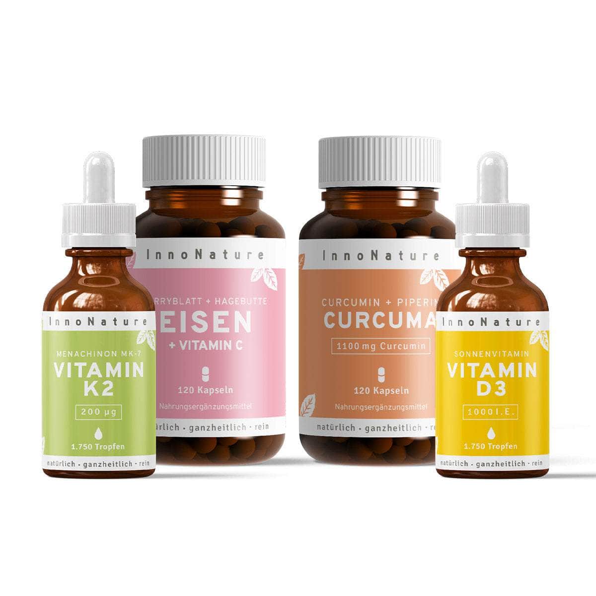 InnoNature Pakete 1x Vorrat (1x Vitamin D3, 1x Eisen, 1x Curcuma, 1x Vitamin K2). Kleines-Wohlfühl-Paket