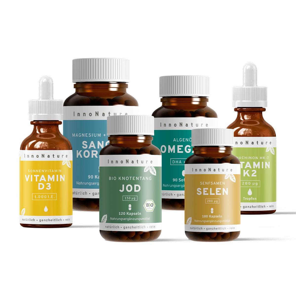 InnoNature Pakete 1x Vorrat (1x Vitamin D3, 1x Vitamin K2, 1x Jod, 1x Selen, 1x Omega 3, 1x Sango Koralle) Schilddrüsen-Paket