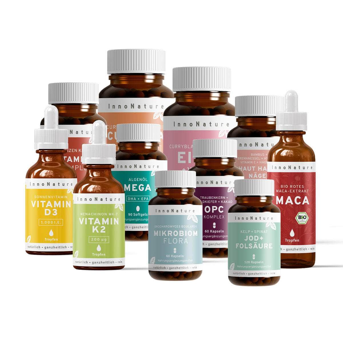 InnoNature Pakete 1x Vorrat (1x Vitamin D3, 1x Vitamin K2, 1x Vitamin B Komplex, 1x Eisen, 1x Jod+Folsäure, 1x Haut Haare Nägel, 1x Omega3, 1x Maca, 1x OPC, 1x Curcuma, 1x Mikrobiom). Frauen-Sorglos-Paket