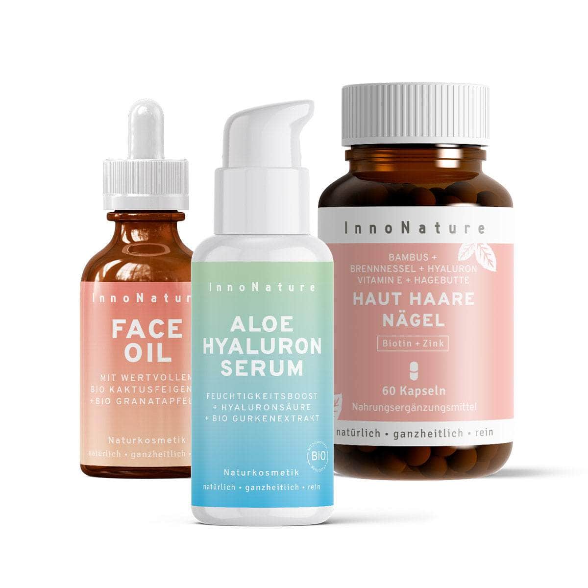InnoNature Pakete 1x Vorteil (1x Face Oil, 1x Aloe Hyaluron Serum, 1x Haut Haare Nägel Kapseln) Anti Aging Face Care Paket