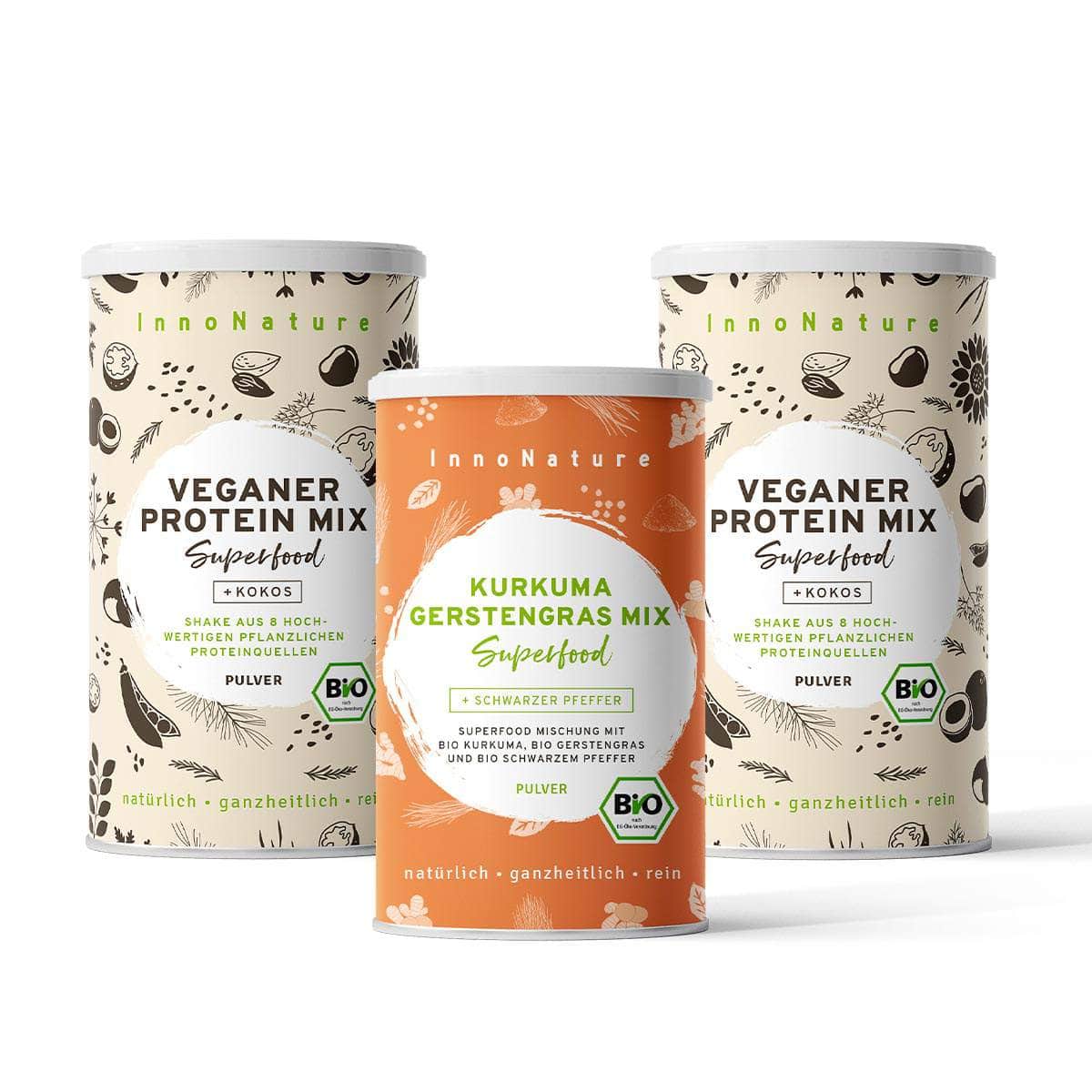 InnoNature Pakete 2x Veganer Protein Mix Kokos; 1x Kurkuma Gerstengras mutimbauch Shake Paket: Wähle Deine Lieblingskombi