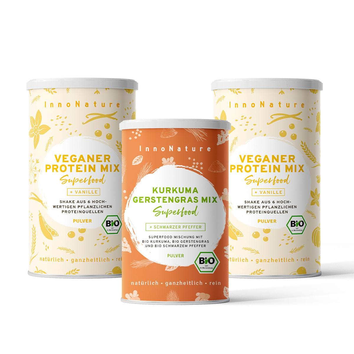 InnoNature Pakete 2x Veganer Protein Mix Vanille; 1x Kurkuma Gerstengras mutimbauch Shake Paket: Wähle Deine Lieblingskombi