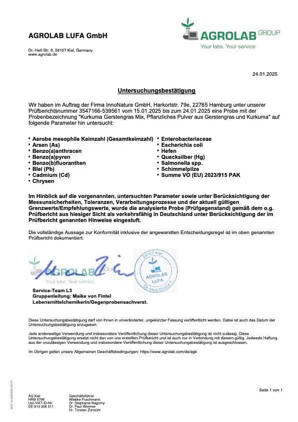 InnoNature Pulver 1x 450g (30 Portionen) Bio Kurkuma Gerstengras Mix Superfood