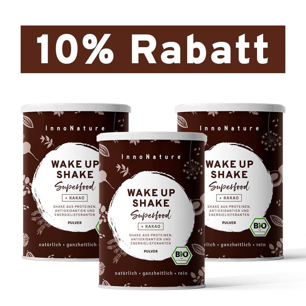 InnoNature Pulver 3x 300g (60 Portionen) Bio Wake Up Superfood Shake: Kokos, Kakao, Matcha, Guarana und grüner Kaffee