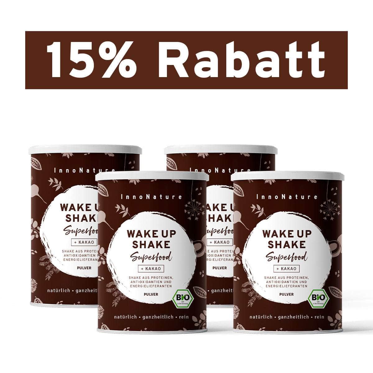 InnoNature Pulver 4x 300g (80 Portionen) Bio Wake Up Superfood Shake: Kokos, Kakao, Matcha, Guarana und grüner Kaffee