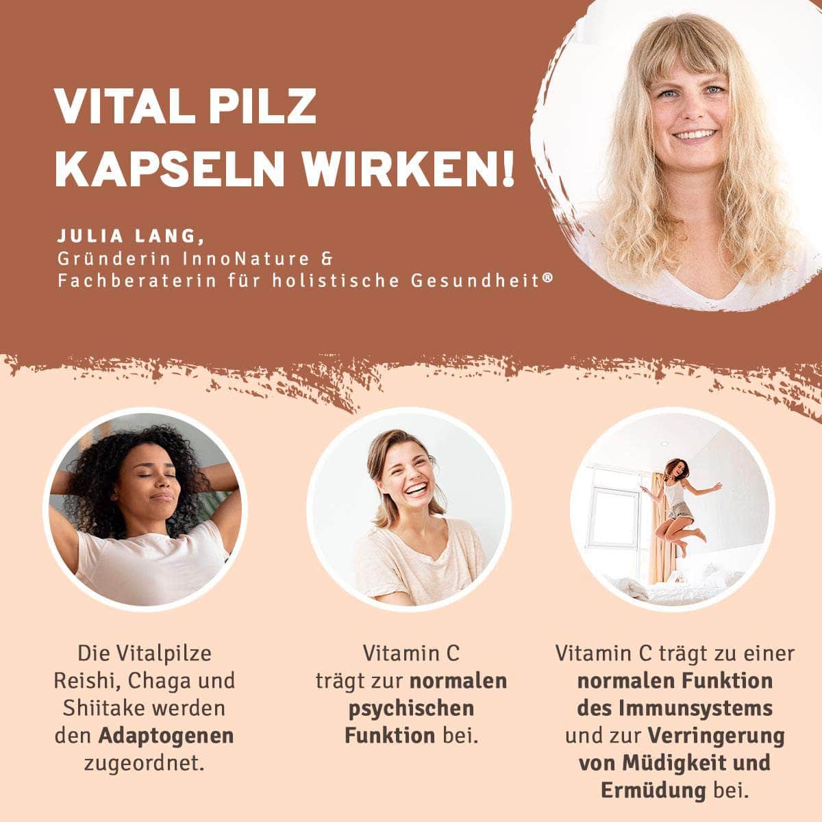 InnoNature Kapseln Bio Vital* Pilz Kapseln: Reishi, Chaga, Shiitake und Acerola