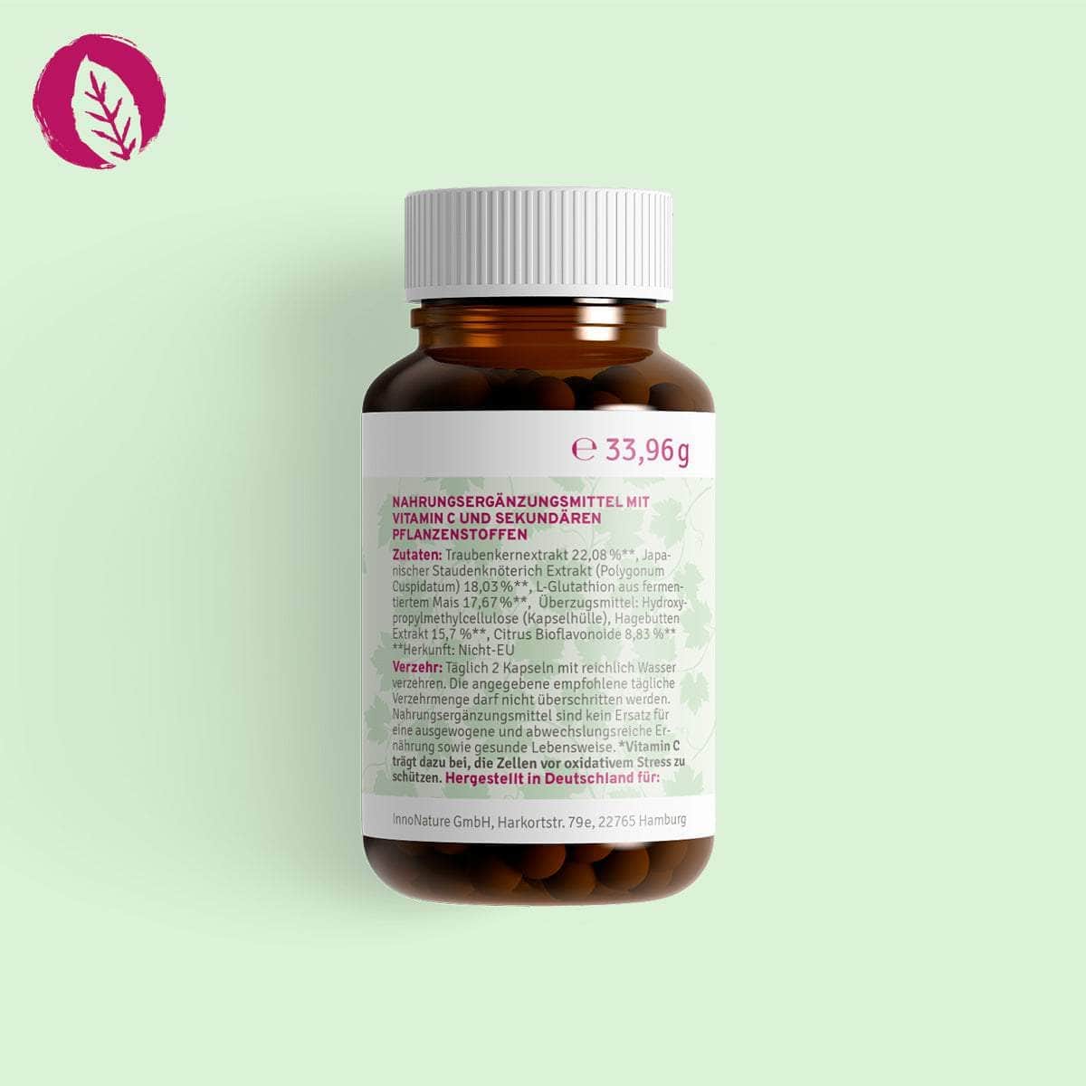 InnoNature Kapseln Zellschutz Kapseln: Trans-Resveratrol + OPC + L-Glutathion + Hagebutte + Citrus Bioflavonoide