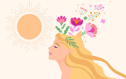 Illustration einer blonden Frau mit Blumen auf dem Kopf und einer Sonne im Hintergrund. 