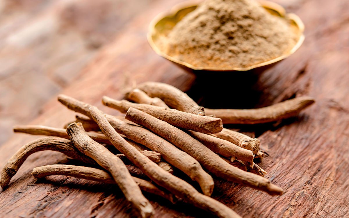 Getrocknete Wurzeln auf einem Holztisch neben einem kleinen Schälchen mit hellem Wurzel-Pulver.