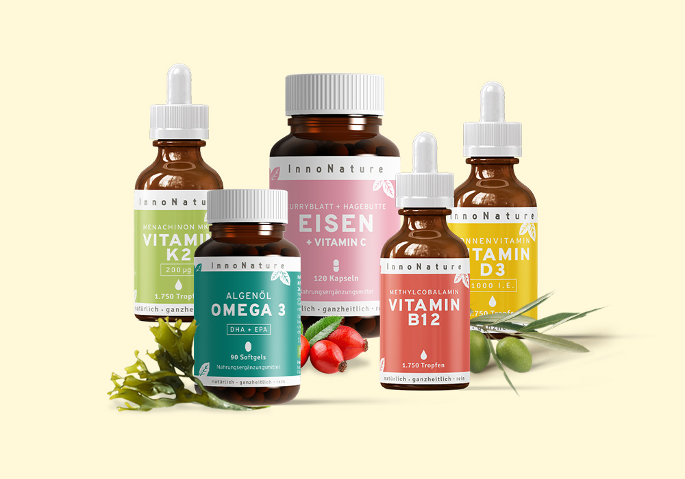 Natürliches Paket mit veganen Produkten gegen einen Mangel