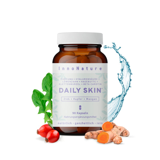  Daily Skin* Kapseln: Buchweizenkeimlinge, Curcuma, Hyaluron, Klettenwurzel, Hagebutte, Löwenzahn und Beta Carotin