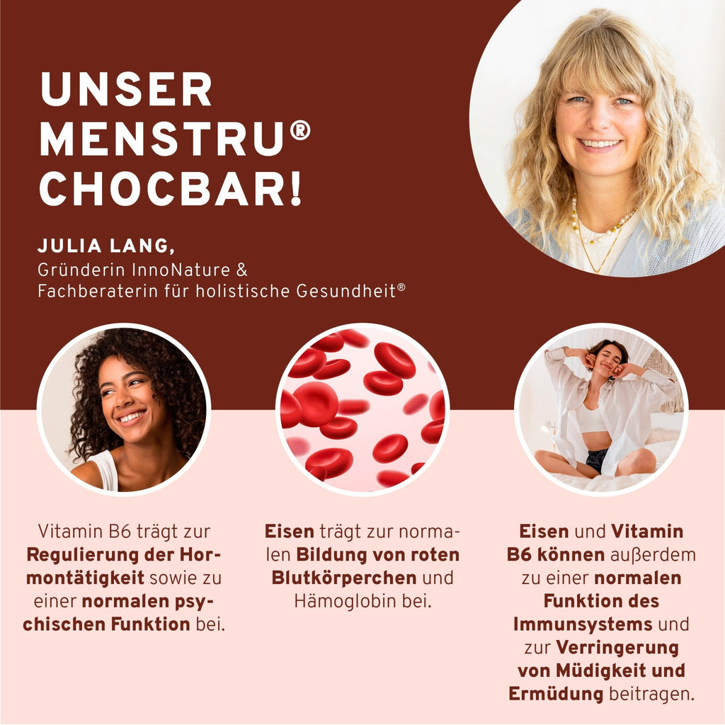 Menstru® Chocbar: Veganer Schokoladenriegel mit Vitamin B6, Eisen und Maca