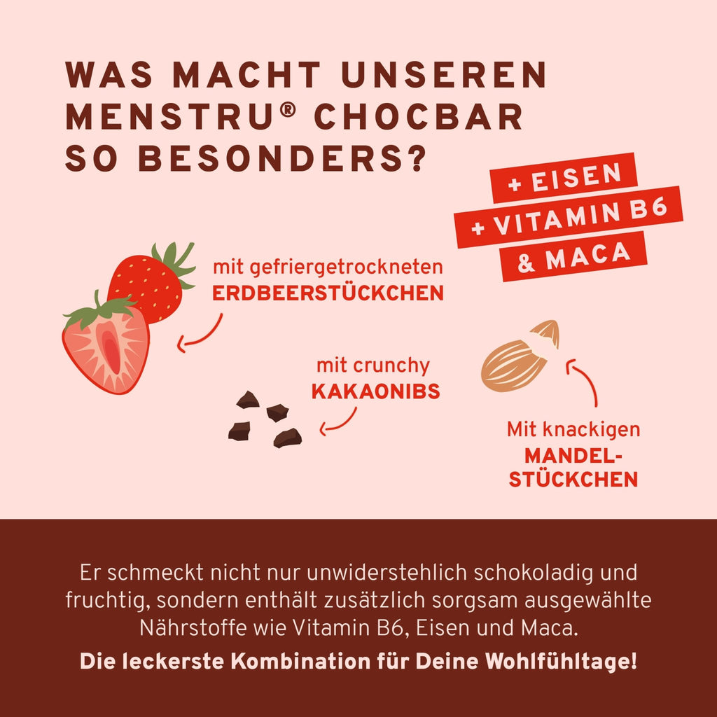 Menstru® Chocbar: Veganer Schokoladenriegel mit Vitamin B6, Eisen und Maca