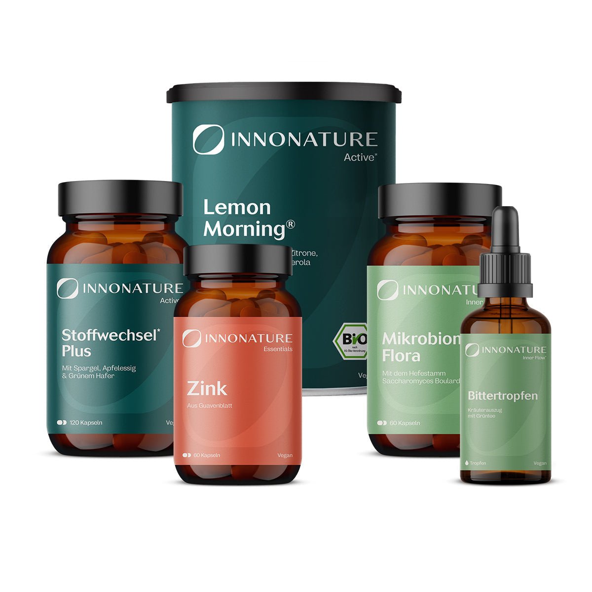Stoffwechsel-Paket - 1x Vorrat (1x Stoffwechsel Plus, 1x Bittertropfen, 1x Zink, 1x Lemon Morning, 1x Mikrobiom Flora)