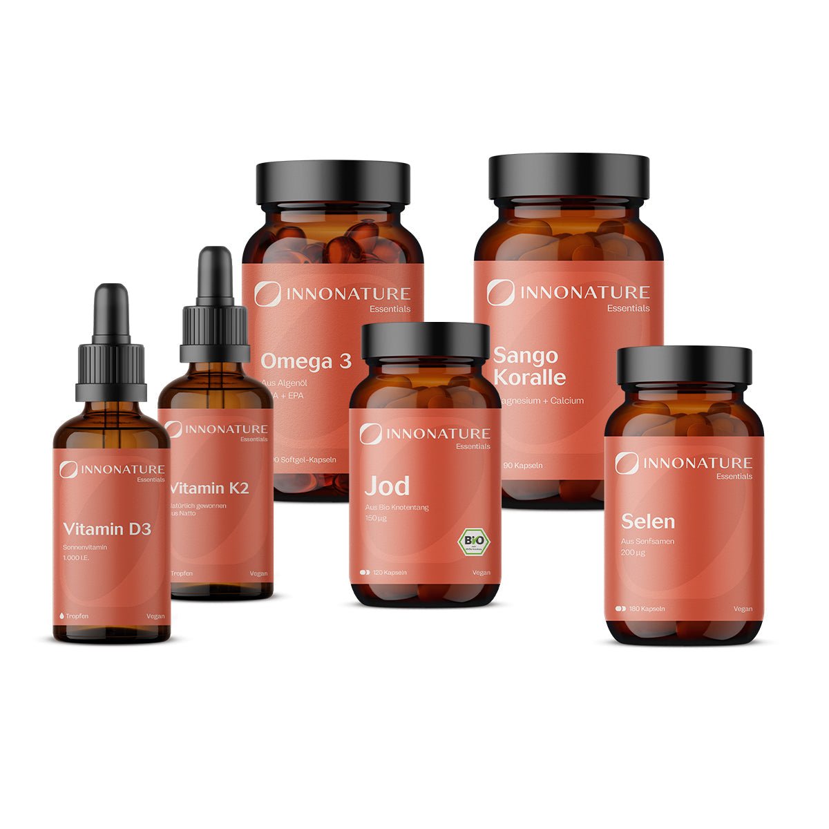 Schilddrüsen-Paket - 1x Vorrat (1x Vitamin D3, 1x Vitamin K2, 1x Jod, 1x Selen, 1x Omega 3, 1x Sango Koralle)