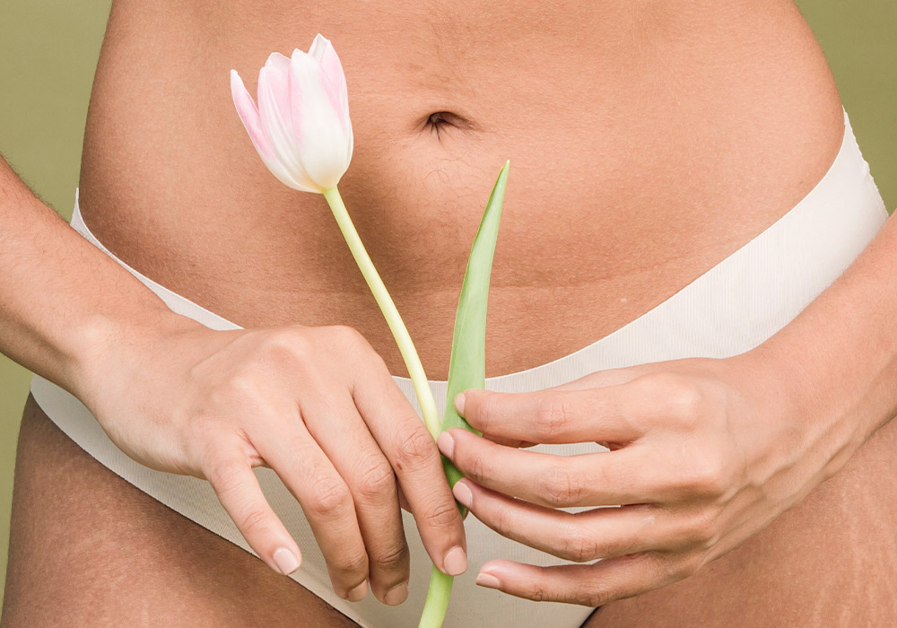 Weibliche Person mit weißem Slip hält eine rosa Blume vor ihren unteren Bauch.