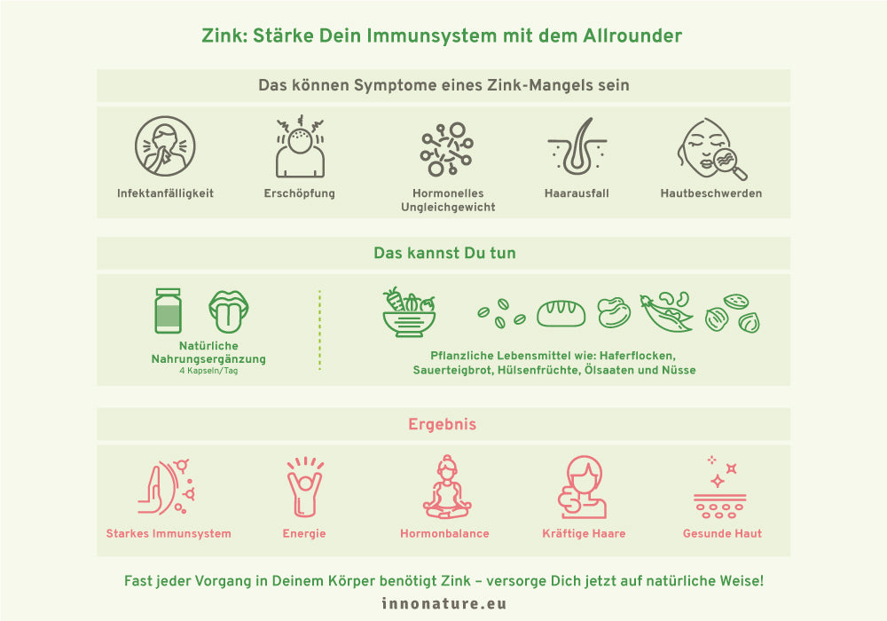 Mintfarbene Grafik von InnoNature zu Zinkmangel Symptomen und Maßnahmen