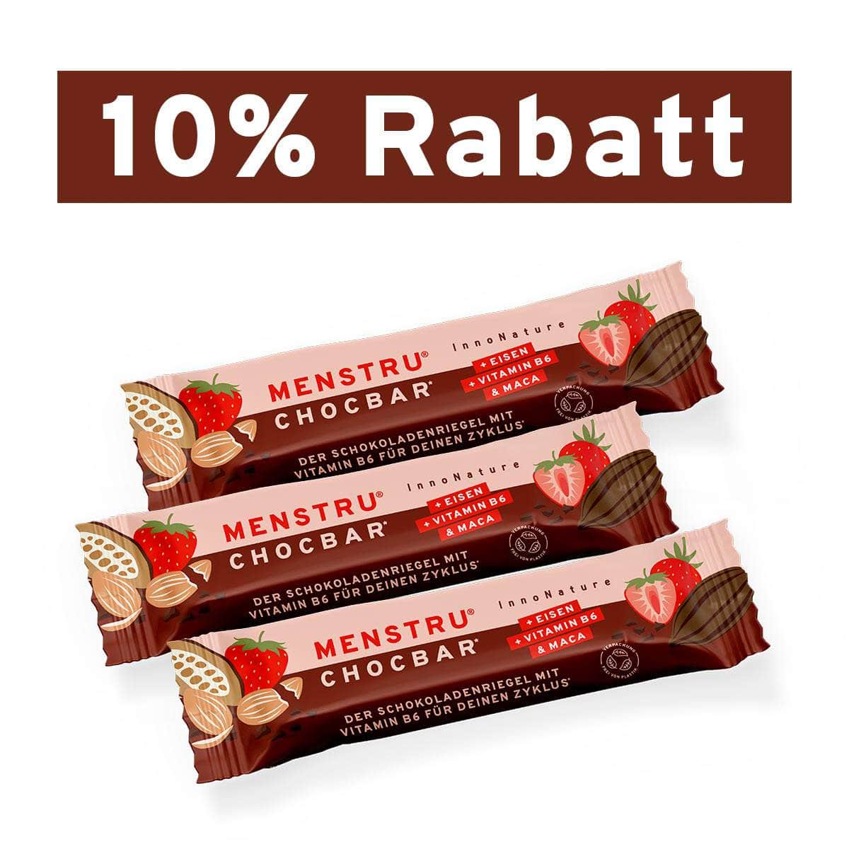 InnoNature 3x 38g Riegel Menstru® Chocbar: Veganer Schokoladenriegel mit Vitamin B6, Eisen und Maca