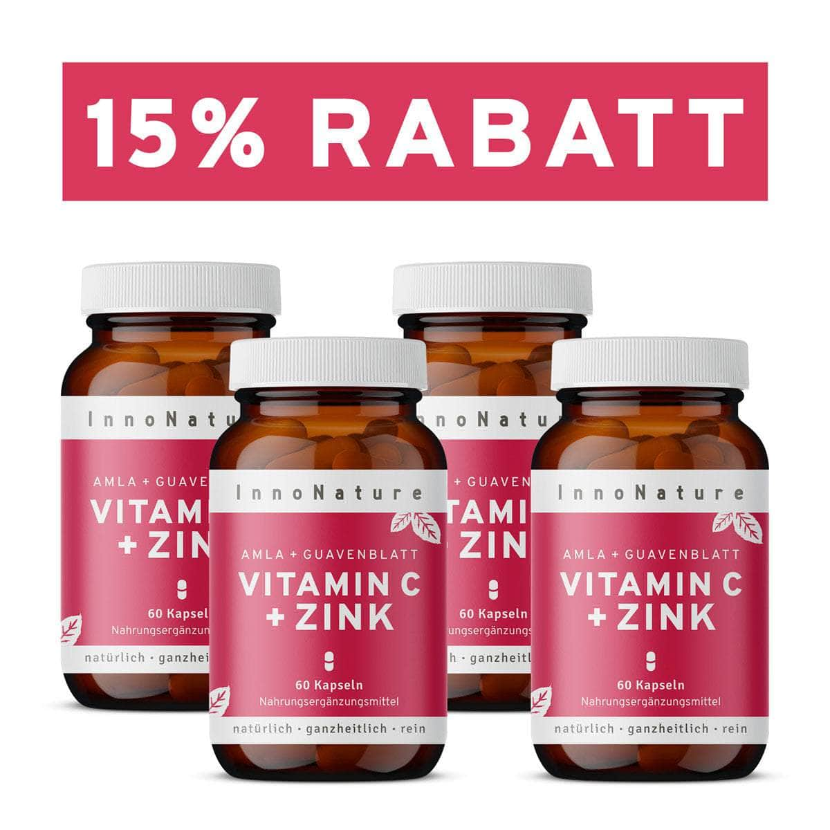 InnoNature Kapseln 4x Monatsvorrat (4x60 Kapseln) Vitamin C + Zink 60 Kapseln