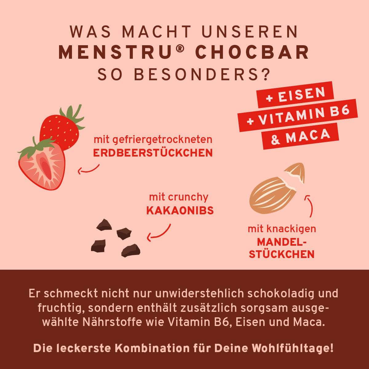 InnoNature Menstru® Chocbar: Veganer Schokoladenriegel mit Vitamin B6, Eisen und Maca