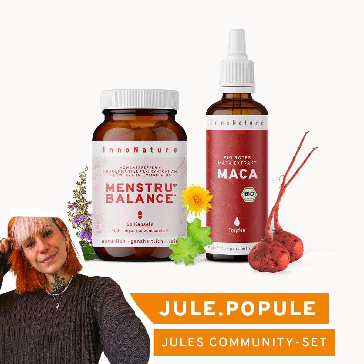 InnoNature NEM-Paket 1 Vorrat (1x Bio Rotes Maca Extrakt Tropfen 75 ml, 1x Menstru Balance Kapseln) jule.popule-Community-Set