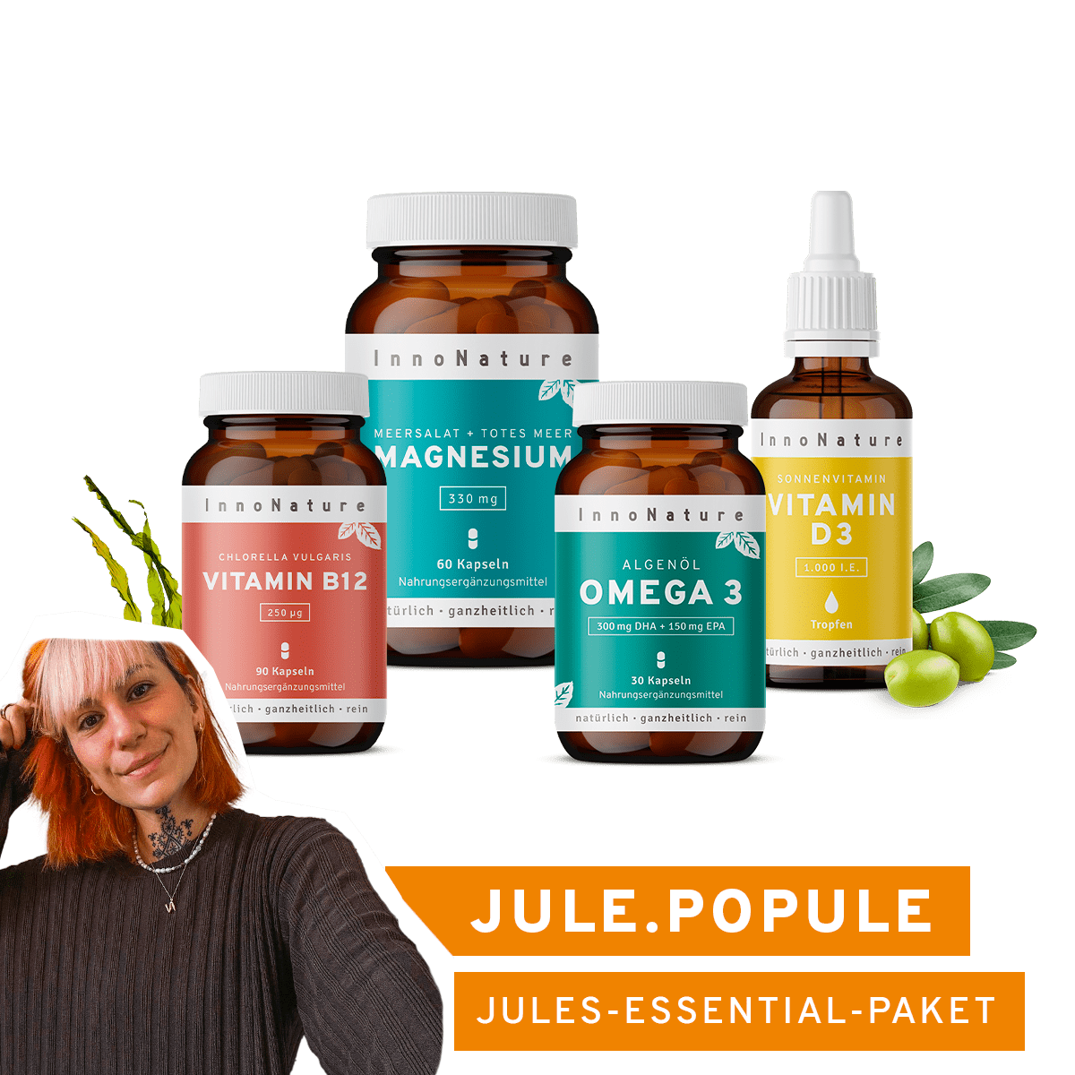 InnoNature NEM-Paket 1x Vorrat (1x Omega 3 2:1 DHA/EPA, 1x Vitamin D3, 1x Magnesium, 1x Vitamin B12 250 µg) Jules-Essential-Paket