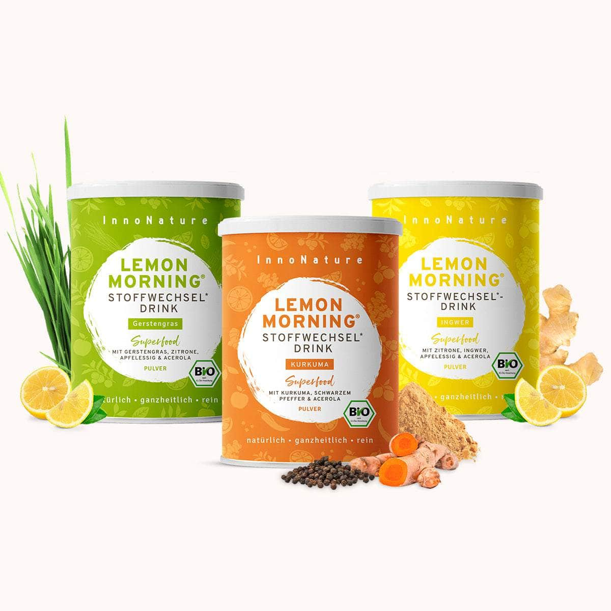 InnoNature Pakete 1x Lemon Morning® Ingwer, 1x Lemon Morning® Gerstengras, 1x Lemon Morning® Kurkuma Lemon Morning® Stoffwechsel Bundle