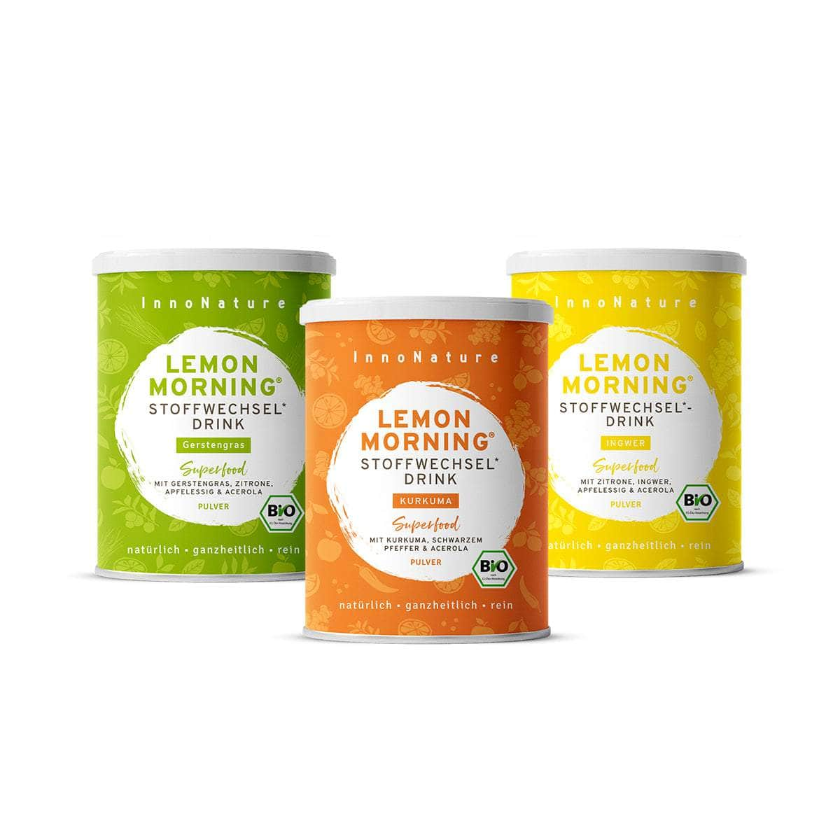 InnoNature Pakete 1x Lemon Morning® Ingwer, 1x Lemon Morning® Gerstengras, 1x Lemon Morning® Kurkuma Lemon Morning® Stoffwechsel Bundle