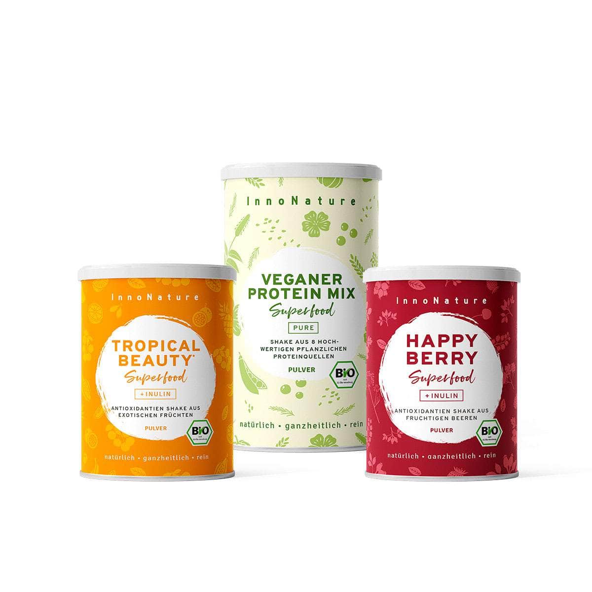 InnoNature Pakete 1x Veganer Protein Mix Pure, 1x Happy Berry, 1x Tropical Beauty Mix & Match-Paket