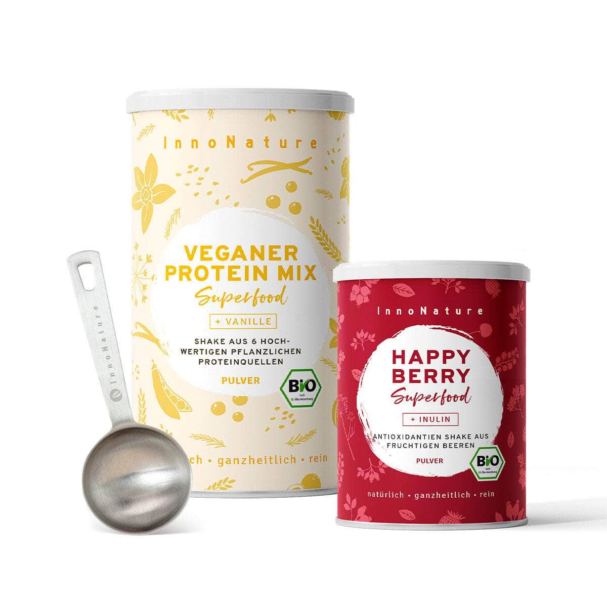 InnoNature Pakete 1x Veganer Protein Mix Vanille, 1x Happy Berry, 1x gratis Messlöffel Shake-Paket