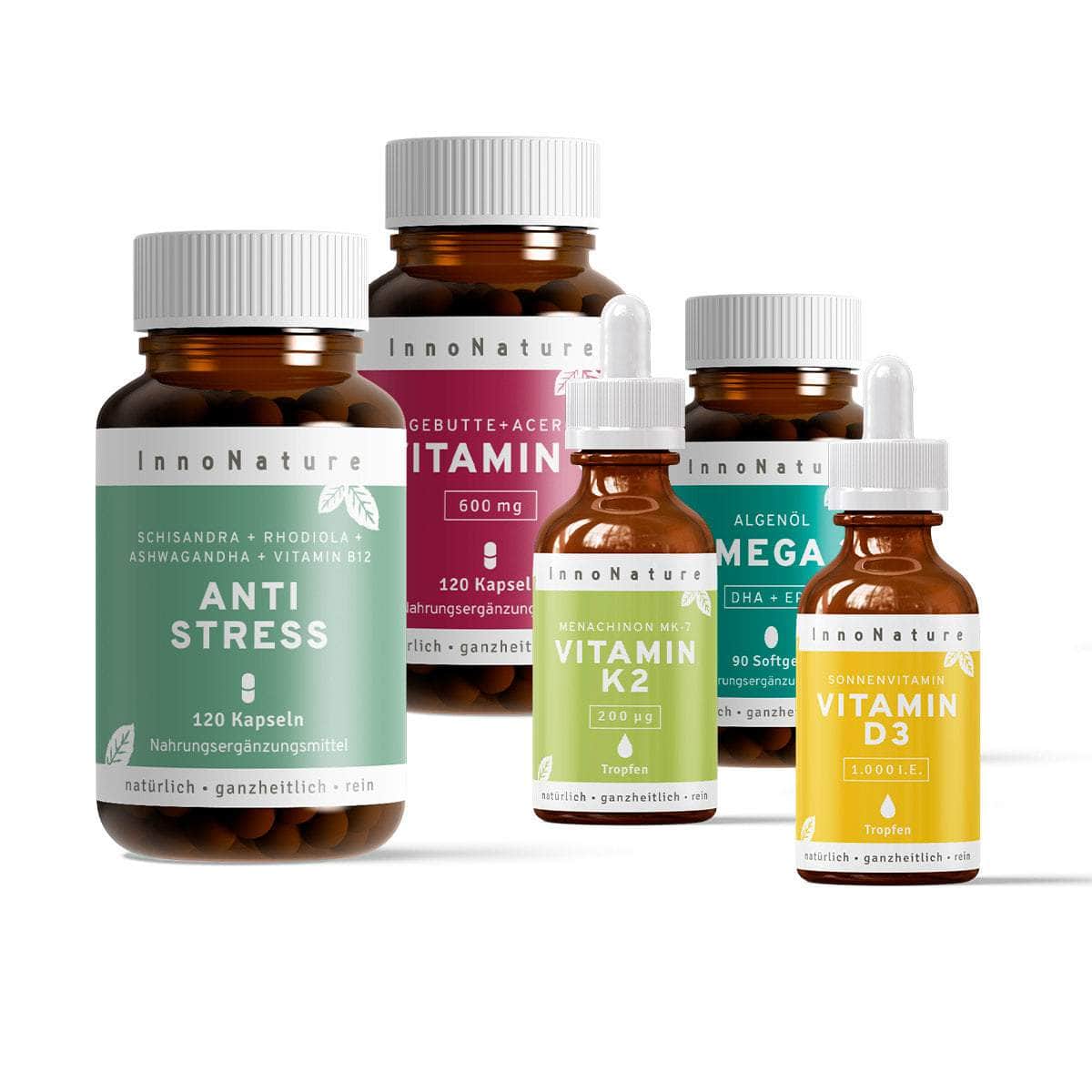 InnoNature Pakete 1x Vorrat (1x Anti Stress, 1x Omega 3, 1x Vitamin D3, 1x Vitamin K2, 1x Vitamin C) Anti-Stress-Paket