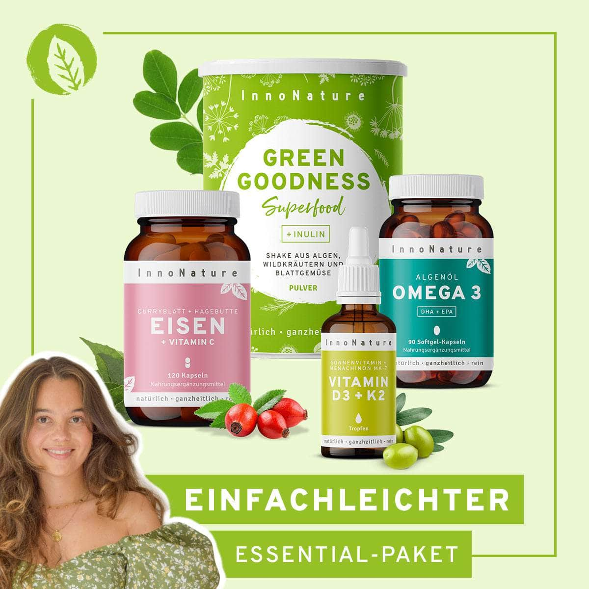 InnoNature Pakete 1x Vorrat (1x Eisen Kapseln, 1x Omega 3 Kapseln, 1x Vitamin D3+K2 Tropfen, 1x Green Goodness Shake) einfachleichter-Essential-Paket