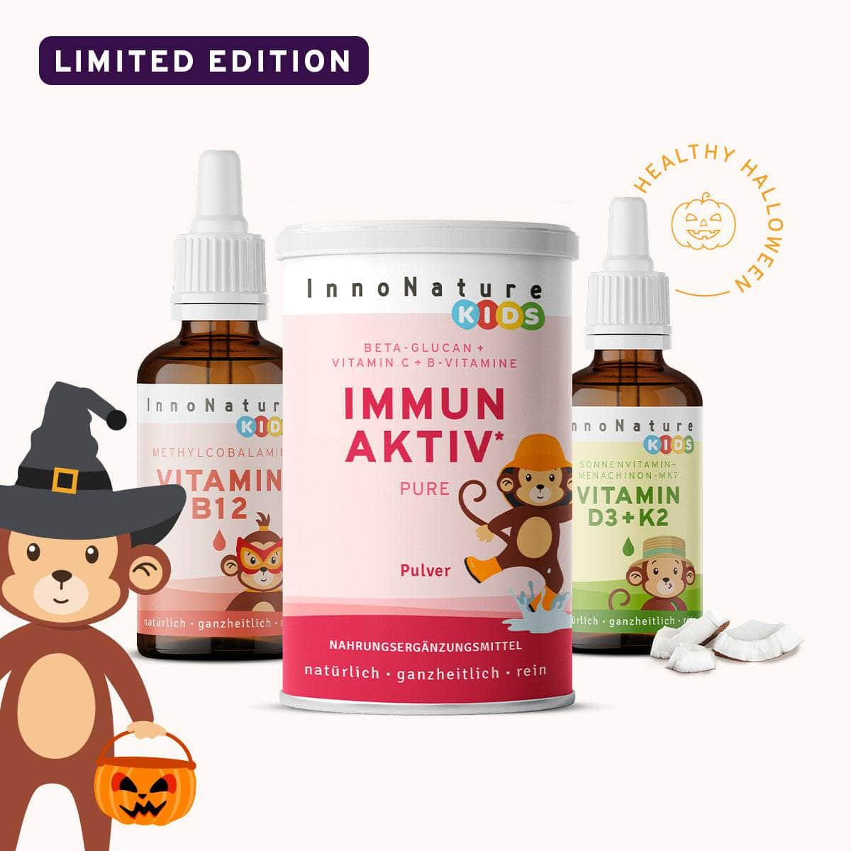 InnoNature Pakete 1x Vorrat (1x Immun Kids Pulver Pure, 1x Vitamin B12 Kids Tropfen, 1x Vitamin D3 + K2 Kids Tropfen) Boooste Dein Immunsystem-Paket-Kids