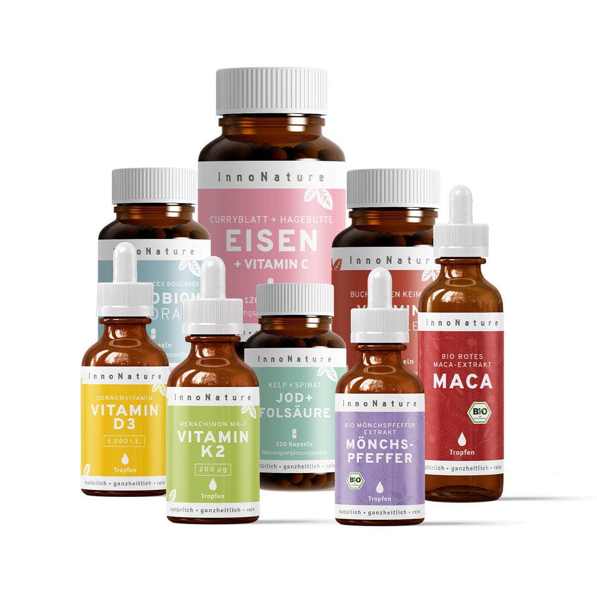 InnoNature Pakete 1x Vorrat (1x Mikrobiom, 1x Vitamin B Komplex, 1x Vitamin D3, 1x Vitamin K2, 1x Mönchspfeffer, 1x Jod+Folsäure, 1x Maca, 1x Eisen) Frauen-Balance-Paket