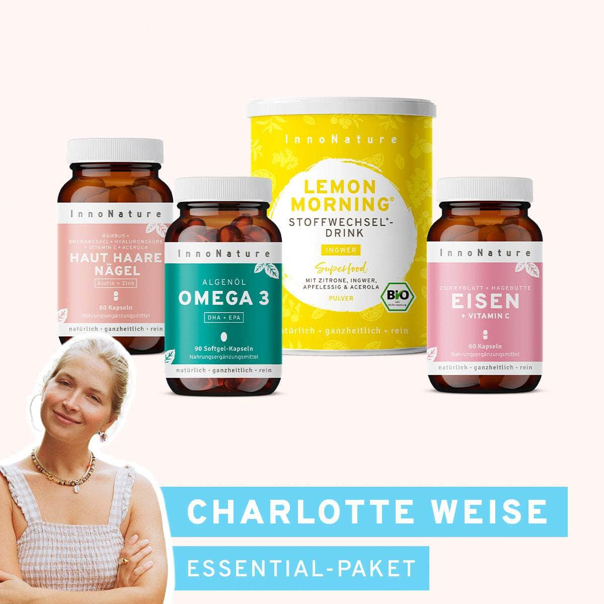 InnoNature Pakete 1x Vorrat (1x Omega 3, 1x Eisen Kapseln, 1x Haut Haare Nägel Kapseln, 1x Lemon Morning Ingwer) Charlotte Weise-Essential-Paket