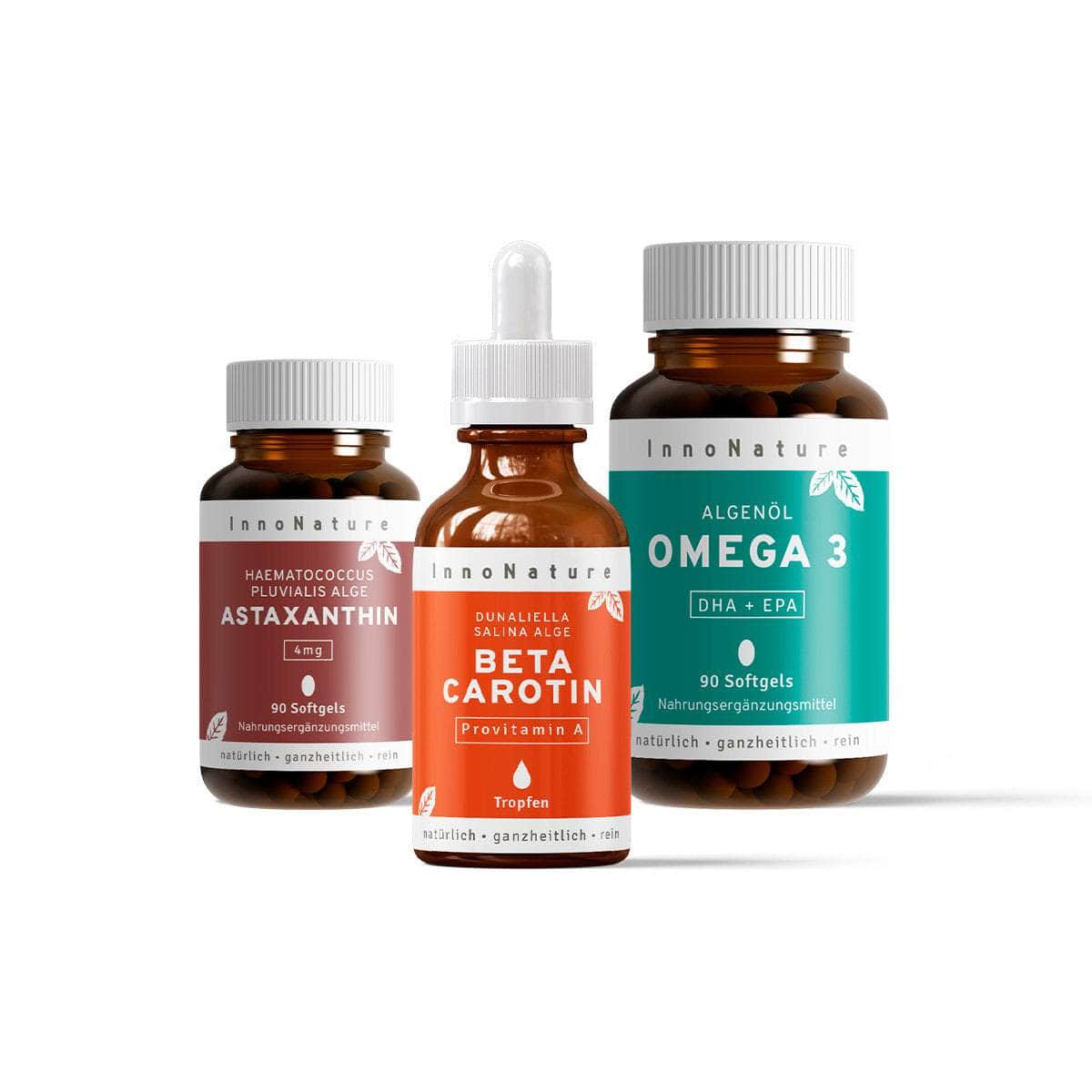 InnoNature Pakete 1x Vorrat (1x Omega 3 Softgel Kapseln, 1x Beta Carotin Tropfen, 1x Astaxanthin) Augen-Paket