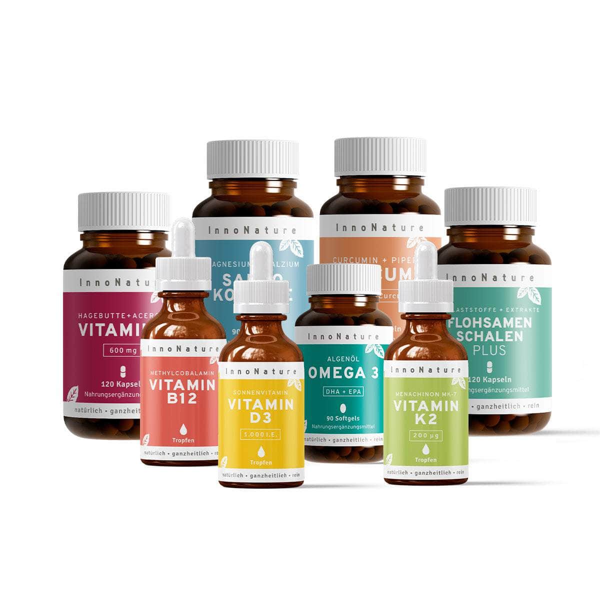 InnoNature Pakete 1x Vorrat (1x Omega3, 1x Vitamin D3, 1x Vitamin K2, 1x Vitamin B12, 1x Sango Koralle, 1x Vitamin C, 1x Flohsamenschalen Plus, 1x Curcuma). Komplett-Sorglos-Paket