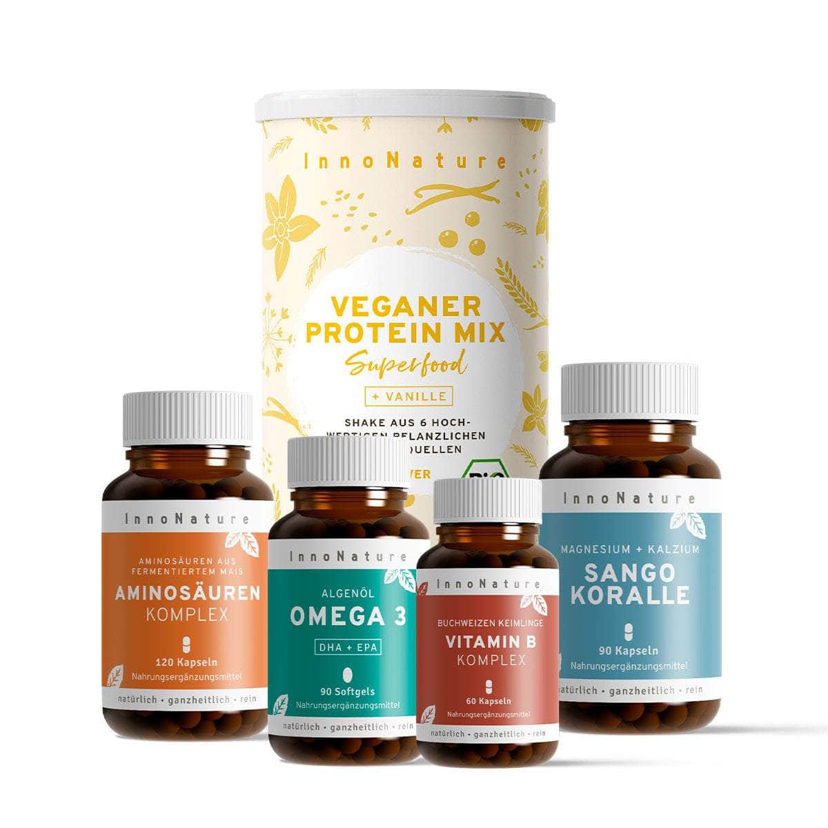 InnoNature Pakete 1x Vorrat (1x Protein Shake, 1x B Komplex, 1x Aminosäuren Komplex, 1x Sango Koralle, 1x Omega 3) Aktiv-Paket
