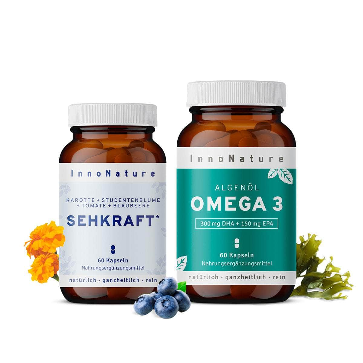 InnoNature Pakete 1x Vorrat (1x Sehkraft Kapseln, 1x Omega 3 2:1 DHA/EPA Kapseln) Sehkraft-Set