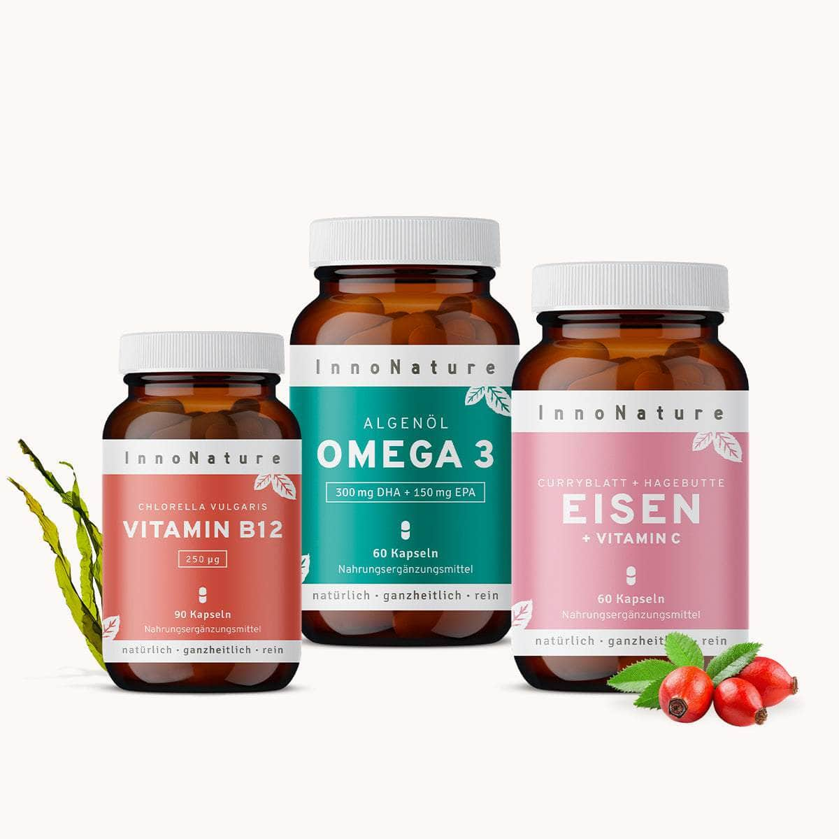 InnoNature Pakete 1x Vorrat (1x Vitamin B12 Kapseln, 1x Omega 3 2:1 DHA:EPA Kapseln, 1x Eisen Kapseln) Vegan-Essentials-Paket