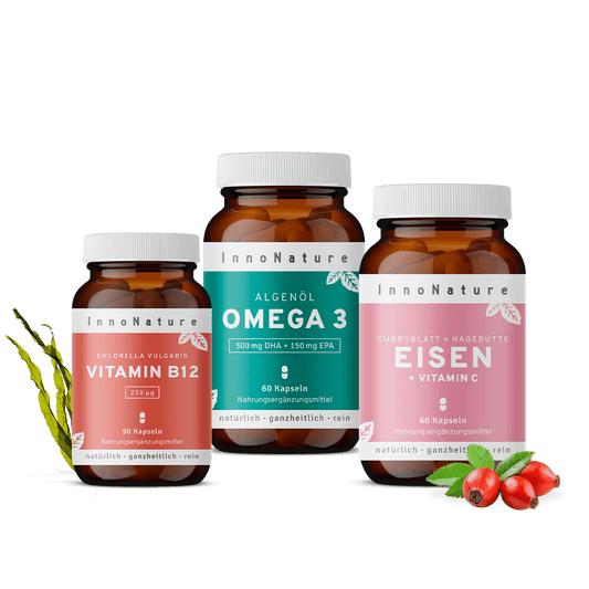 InnoNature Pakete 1x Vorrat (1x Vitamin B12 Kapseln, 1x Omega 3 2:1 DHA:EPA Kapseln, 1x Eisen Kapseln) Vegan-Essentials-Paket